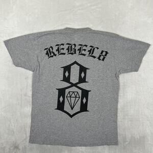 Vintage REBEL 8 T-Shirt Mens Large Gray Gothic Logo Back Print Skate Streetwear